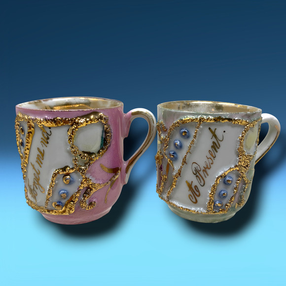 Unbranded Other - Lot 2 Vintage Mini Lusterware Cups "Forget Me Not" "A Present" Gilt Trim Germany